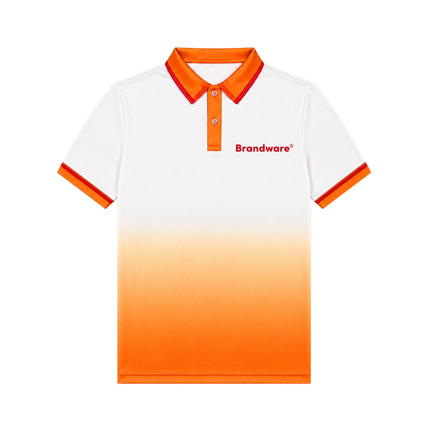 A short-sleeve polo shirt with a white-to-orange gradient design, featuring an orange collar and sleeve trim, and the brand name 'Brandware' printed in red on the chest.