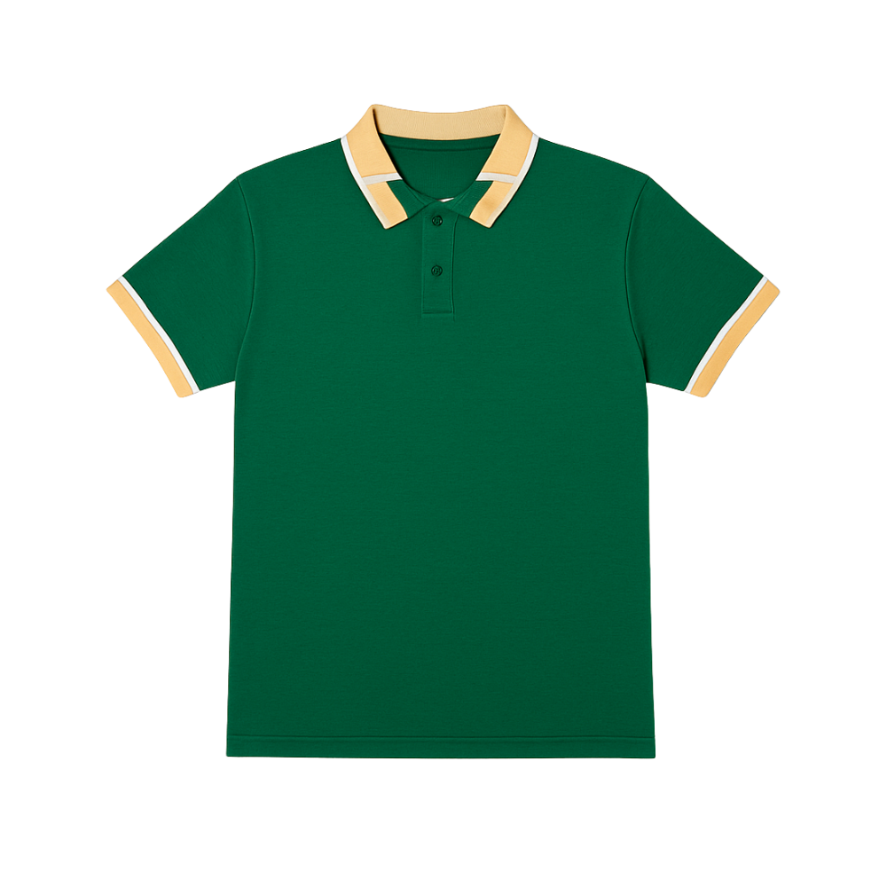 Green polo shirt with beige trim on a white background