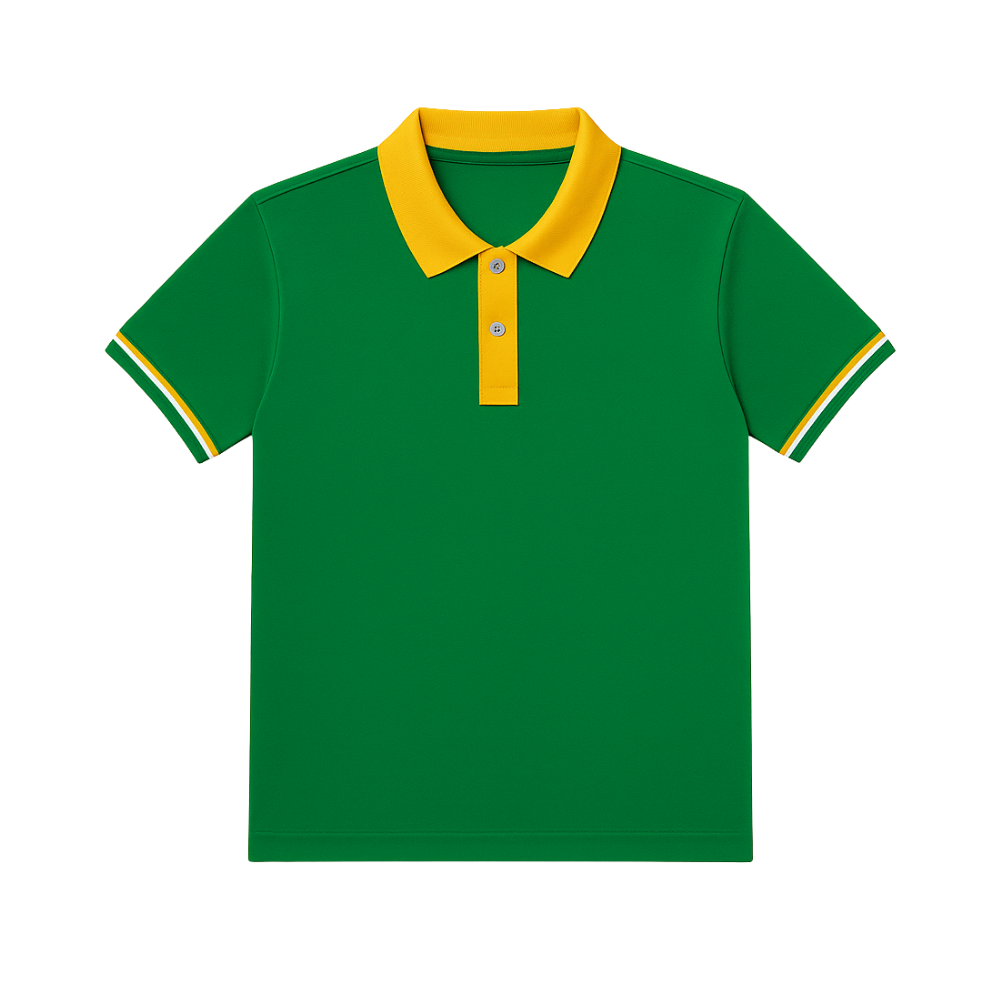 Green polo shirt with yellow collar and trim on a white background