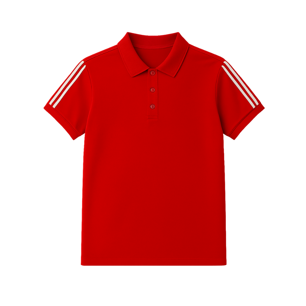 Red polo shirt with white stripes on a white background