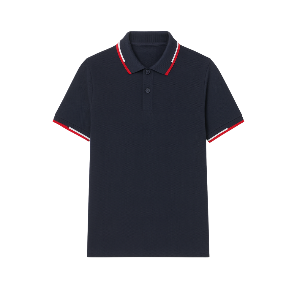 Navy blue polo shirt with red and white trim on a white background