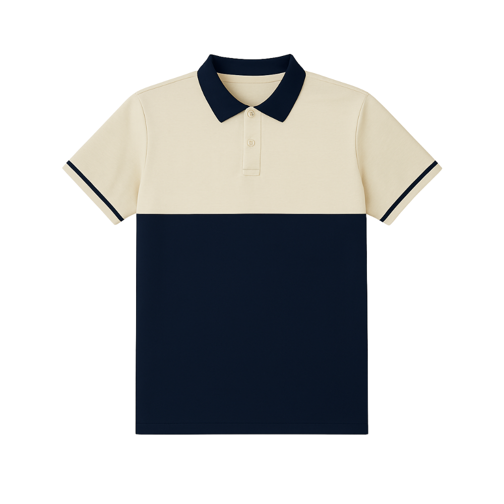 Two-tone polo shirt with beige top half and navy bottom half on a white background