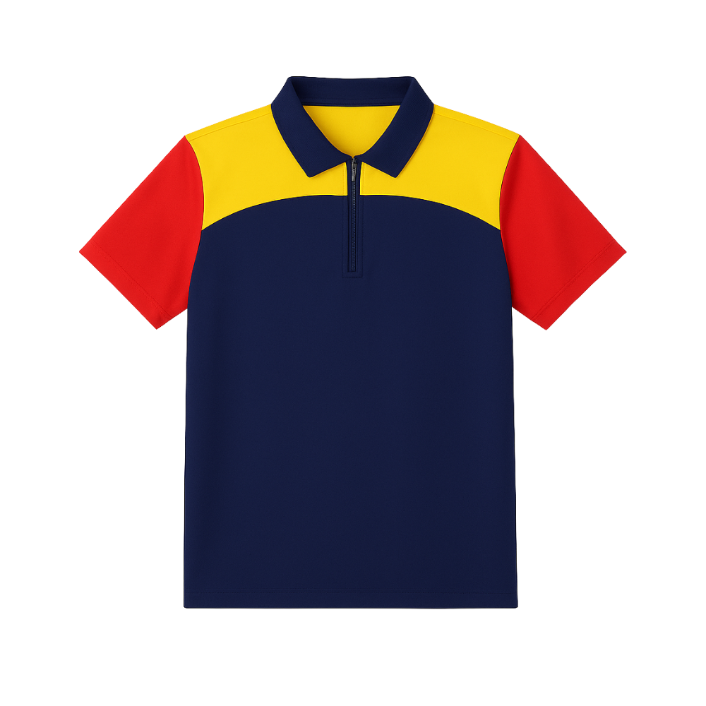 Color-blocked polo shirt with red, yellow, and navy sections on a white background