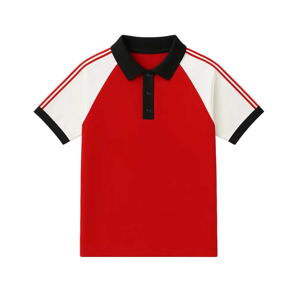 Red and white polo shirt with black accents on a white background