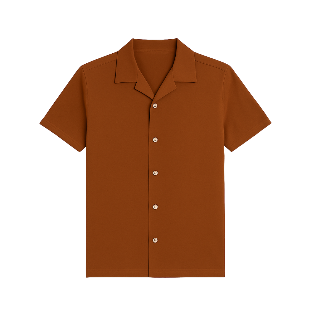 Brown shirt with button details on a white background