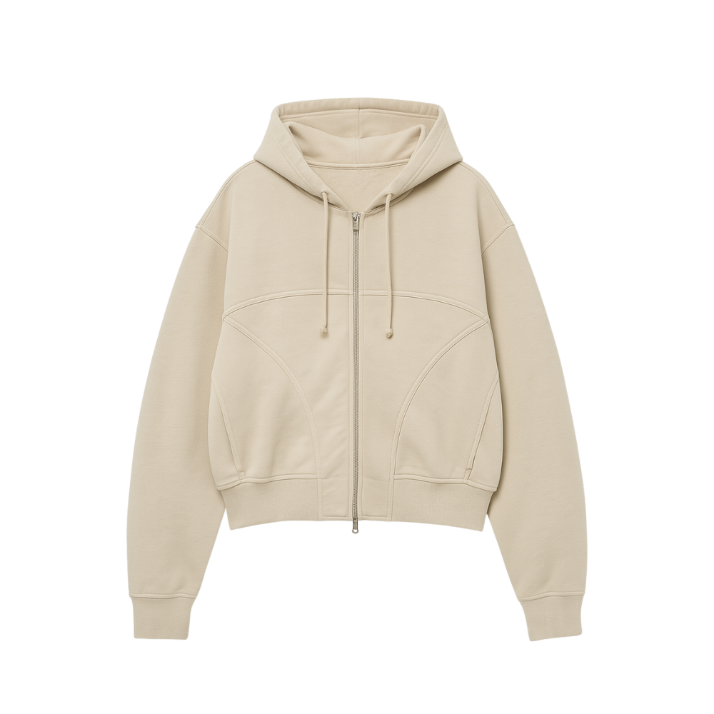 Beige hoodie with a zipper on a white background