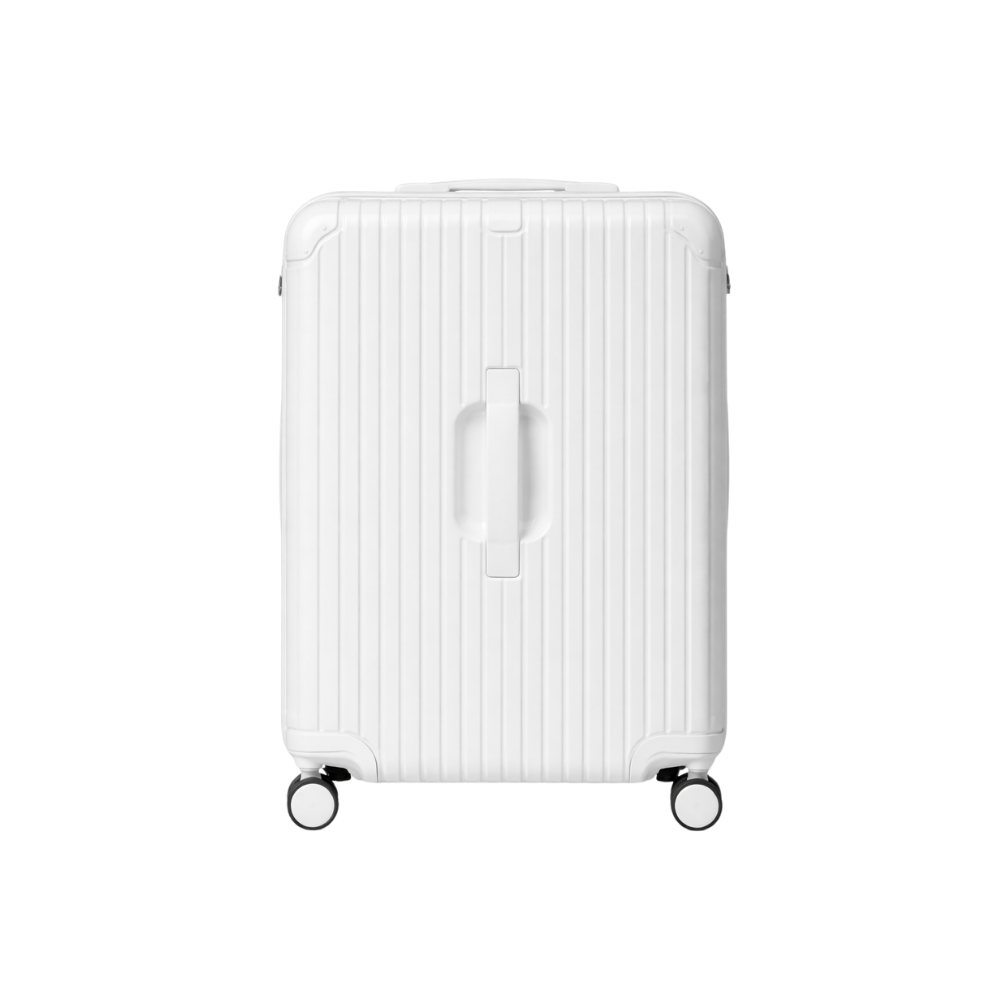 white luggage with a ribbed texture