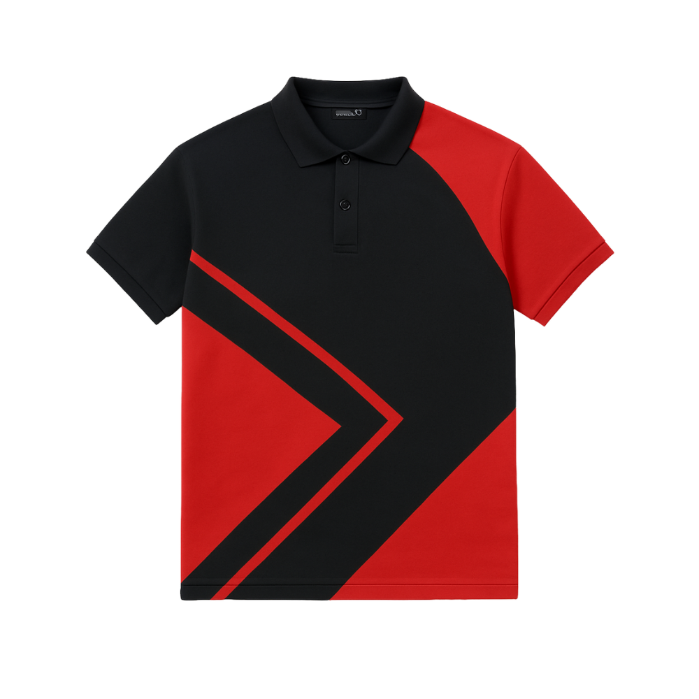 Black and red polo shirt with geometric design on a white background