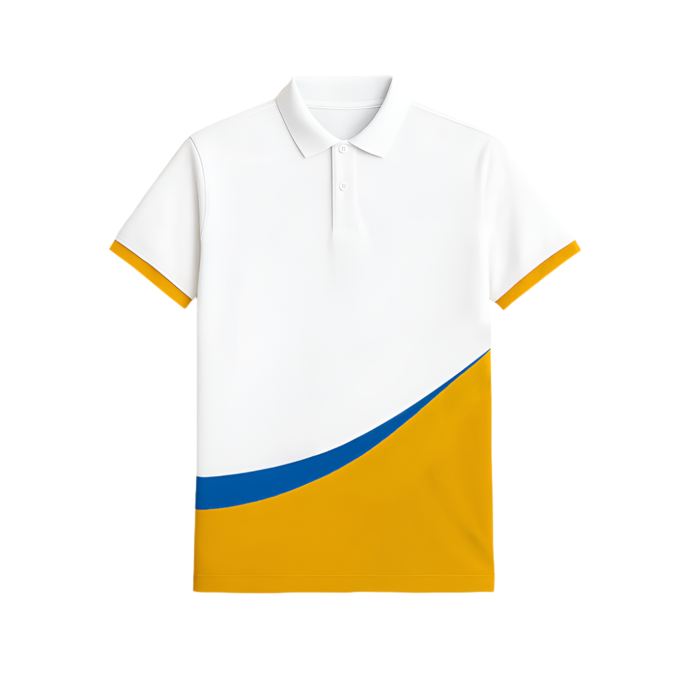 White polo shirt with a blue and orange design on a white background