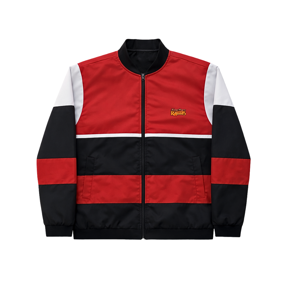 Red, black, and white jacket with a kenny rogers roasters logo