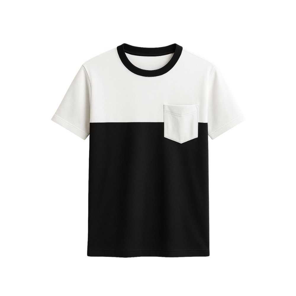Black and white t-shirt with a pocket on a white background