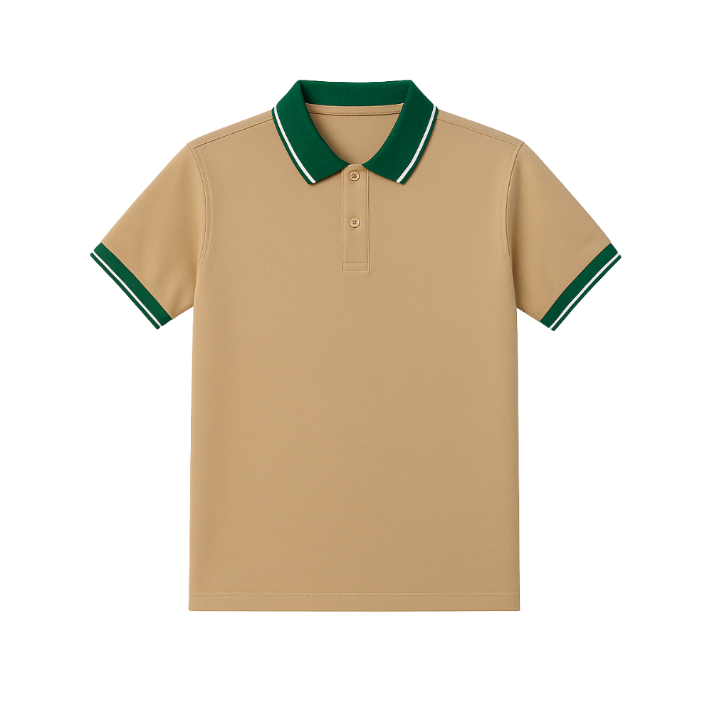 Beige polo shirt with green and white trim on a white background