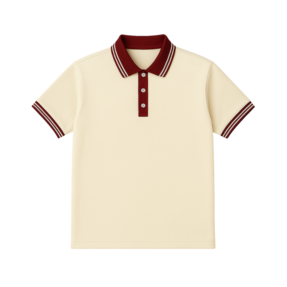 Beige polo shirt with red collar and trim on a white background