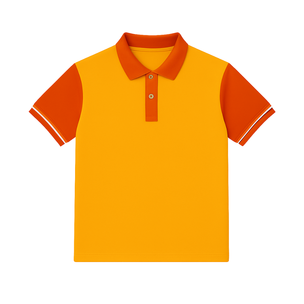 Yellow polo shirt with orange sleeves and collar on a white background