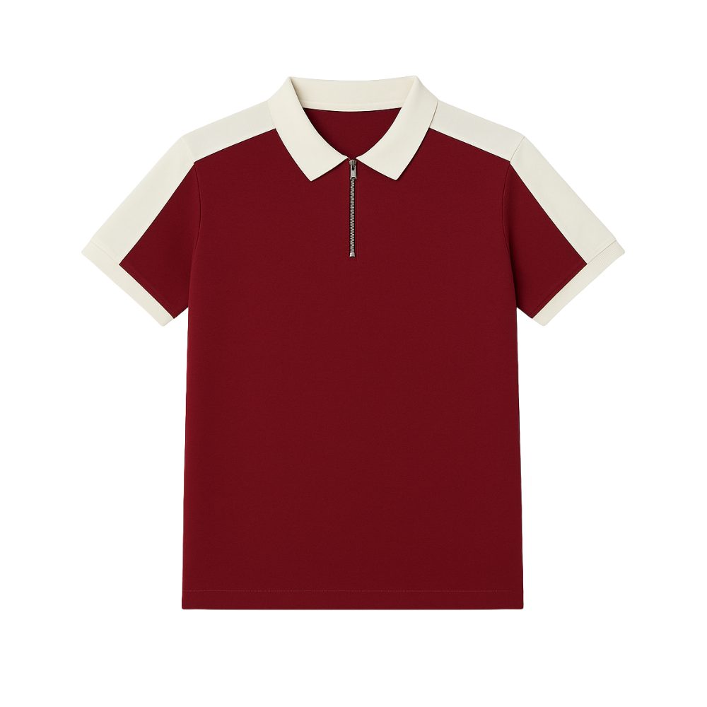 Red polo shirt with white collar on a white background