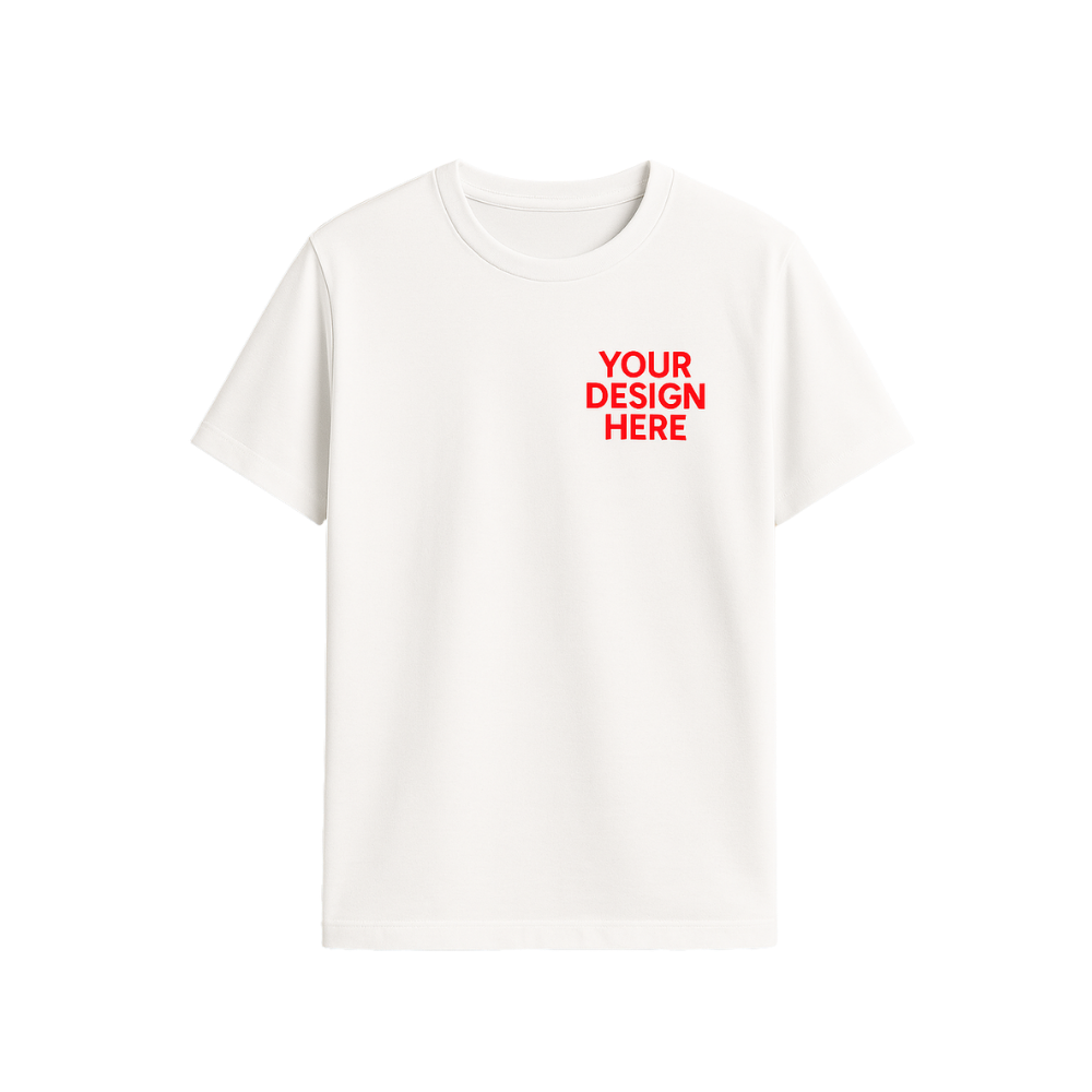 White t-shirt with 'Your Design Here' text in red on a white background