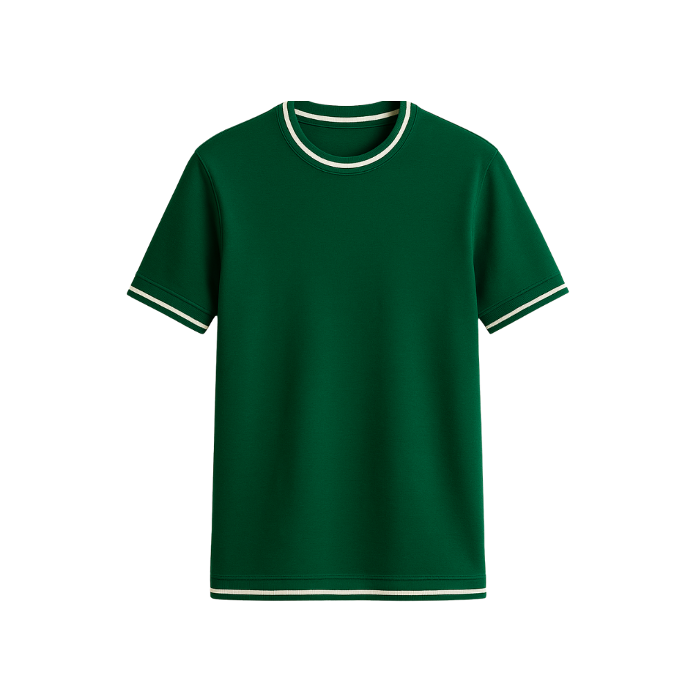 Green t-shirt with white trim on a white background