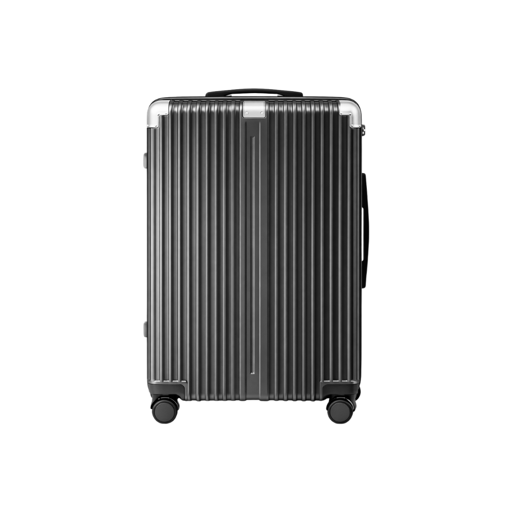 black luggage with silver accents