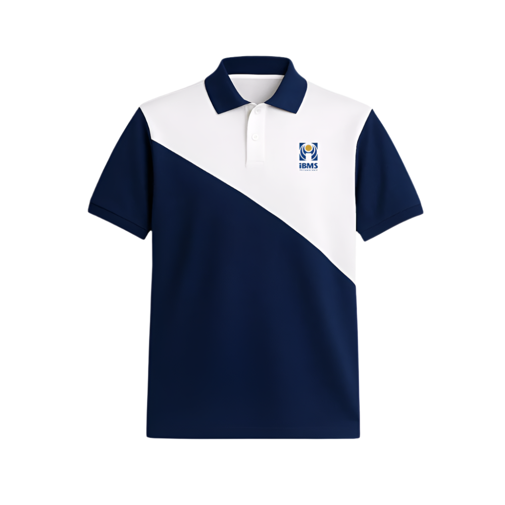 Navy and white polo shirt with a logo on a white background
