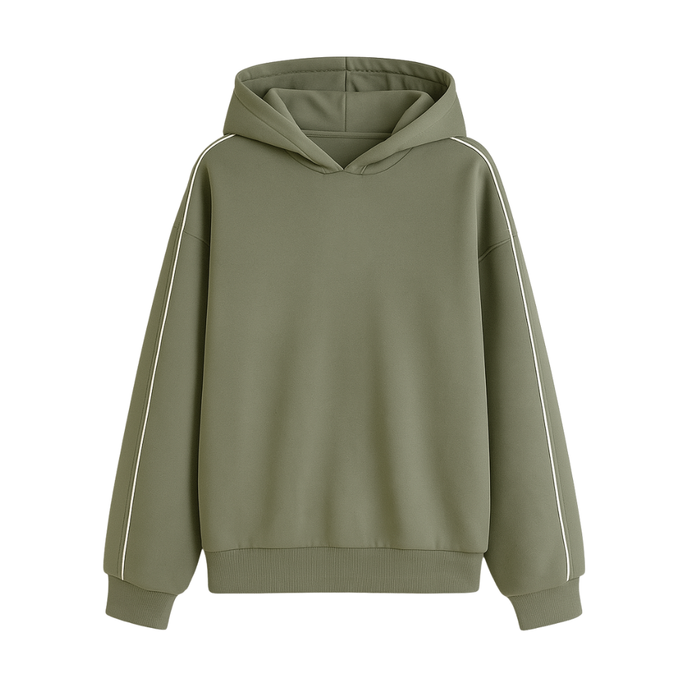 Green hoodie with white stripes on sleeves against a white background