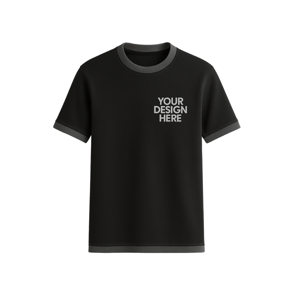 Black t-shirt with gray accents on a white background