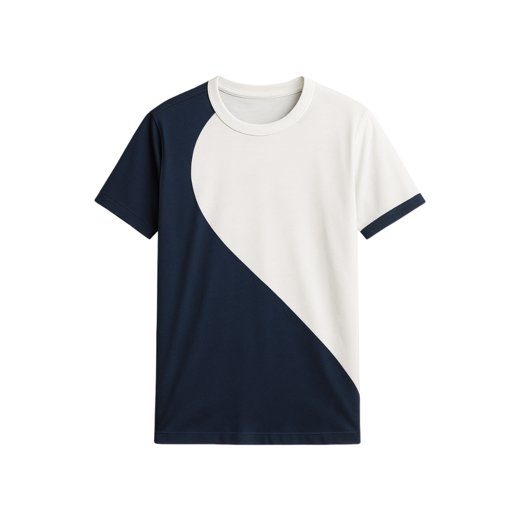 Navy and white color-blocked t-shirt on a white background