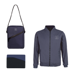 Bundle of corporate jacket, body bag and leather card holder.