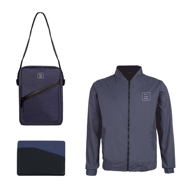 Bundle of corporate jacket, body bag and leather card holder.